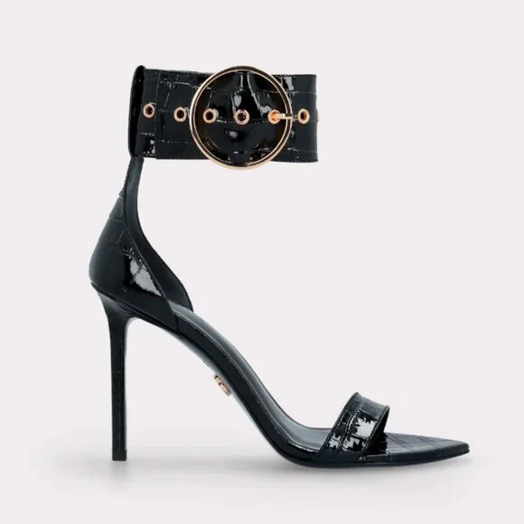 ADELE 01 BLACK PATENT CROCO EMBOSSED LEATHER SANDALS - Picture 2 of 3